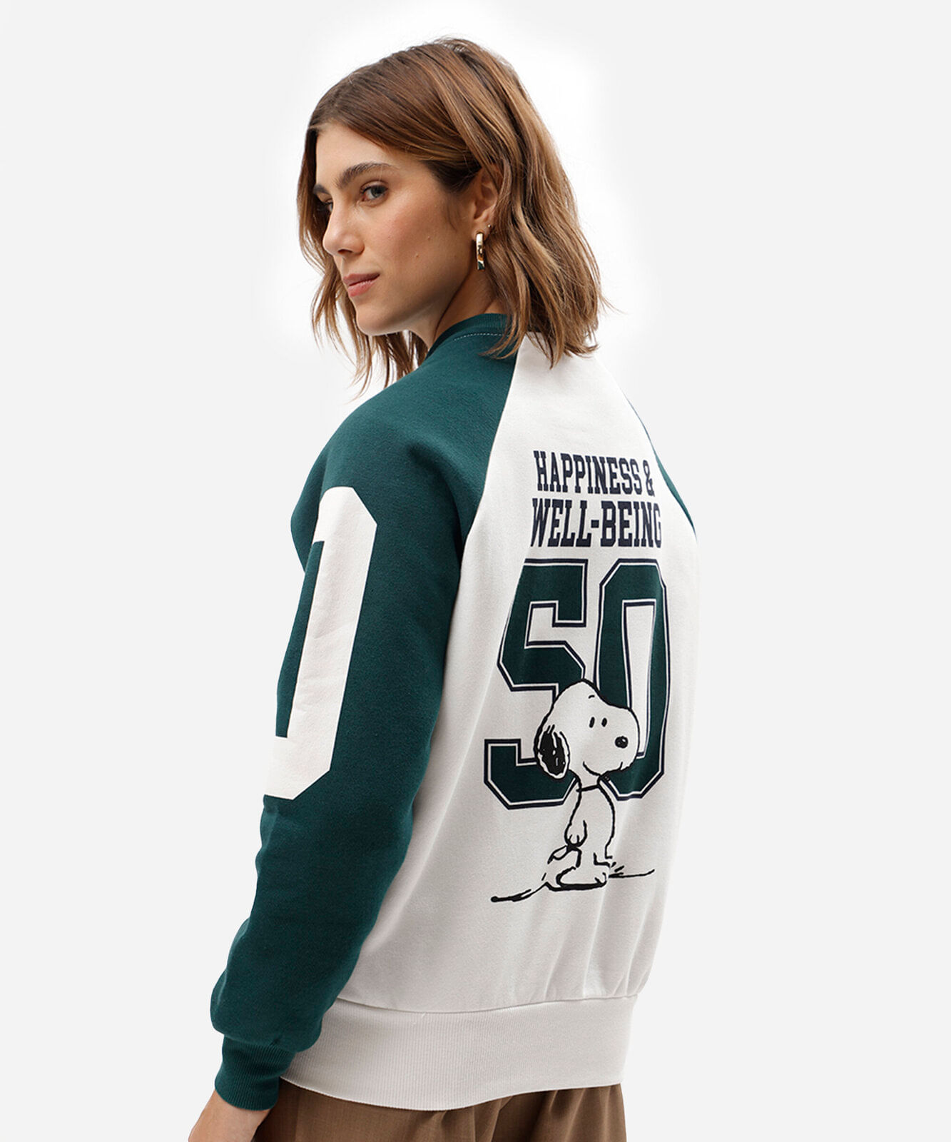 blusão feminino de moletom raglan snoopy off white