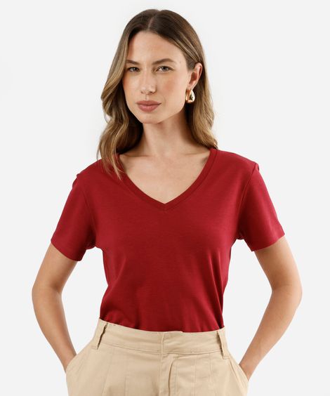 camiseta slim feminina de algodão peruano decote v manga curta vermelha