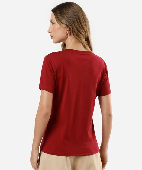 camiseta slim feminina de algodão peruano decote v manga curta vermelha