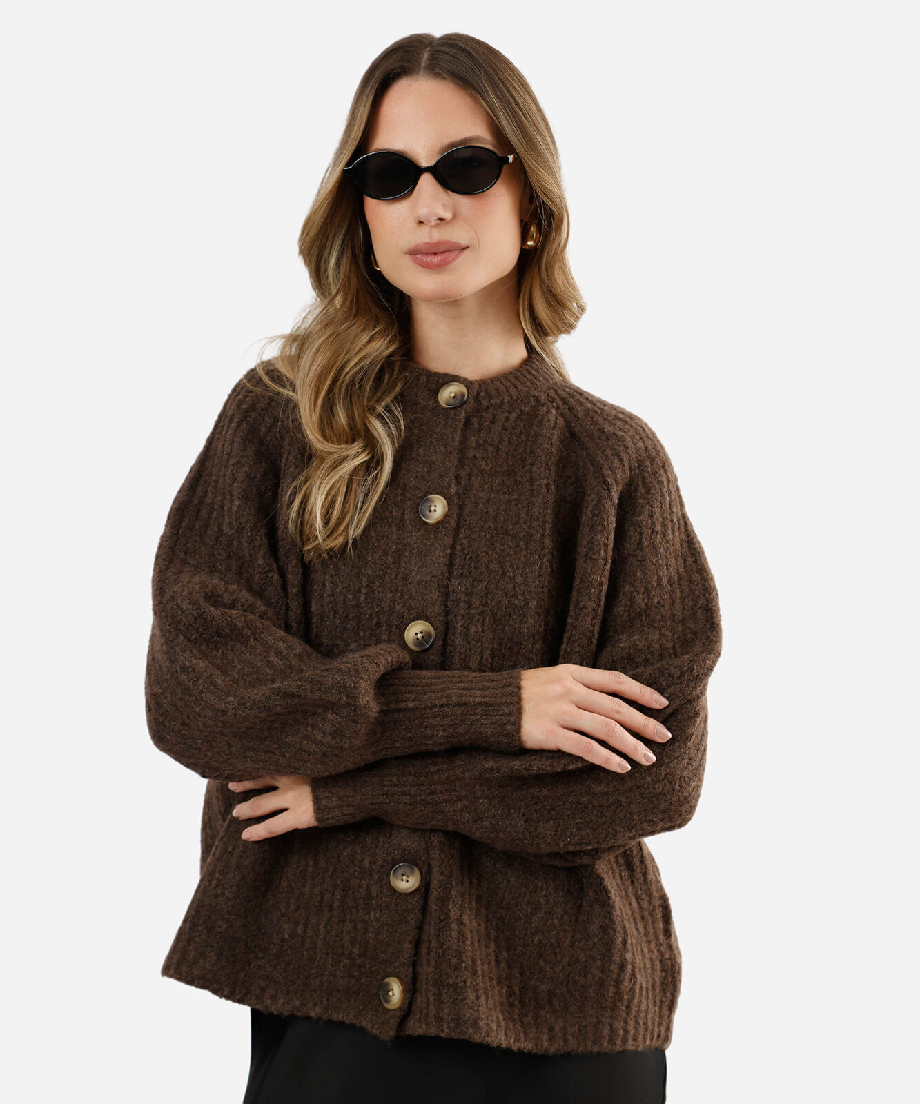 cardigan feminino de tricot manga bufante canelado marrom
