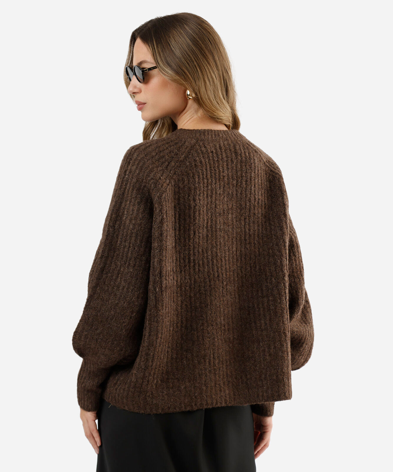cardigan feminino de tricot manga bufante canelado marrom