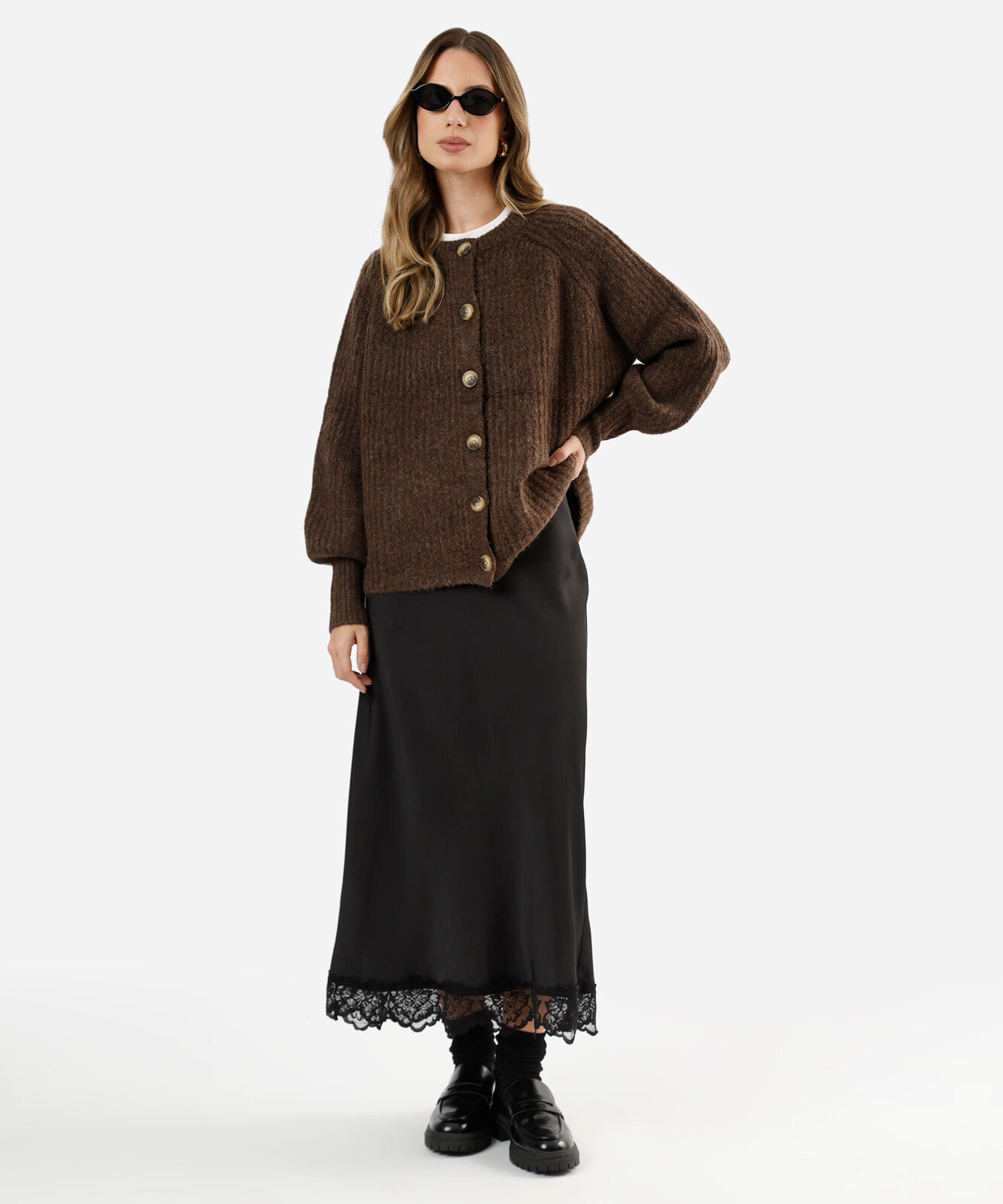 cardigan feminino de tricot manga bufante canelado marrom