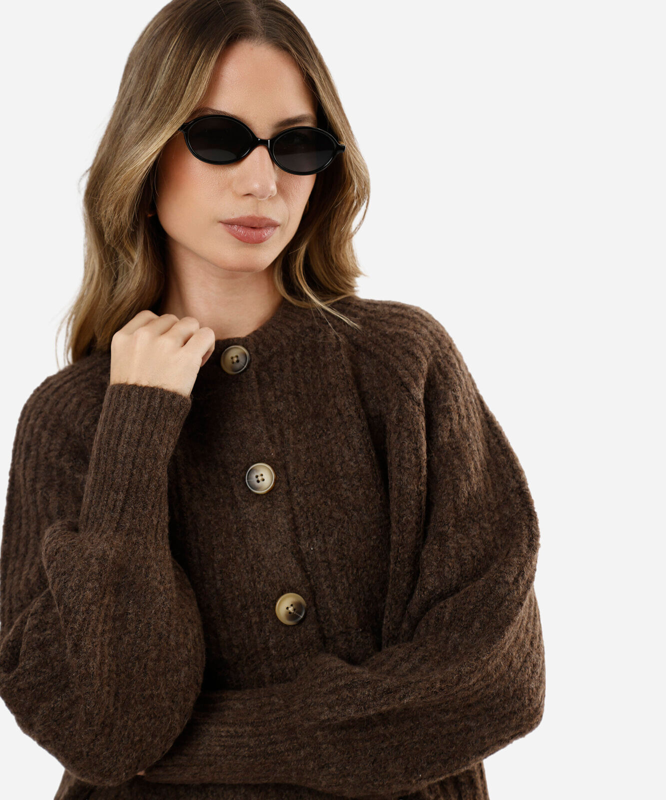 cardigan feminino de tricot manga bufante canelado marrom