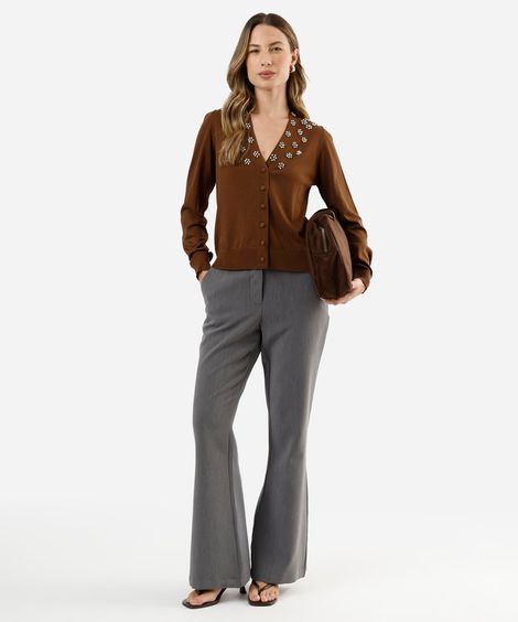 calça flare feminina de alfaiataria cinza