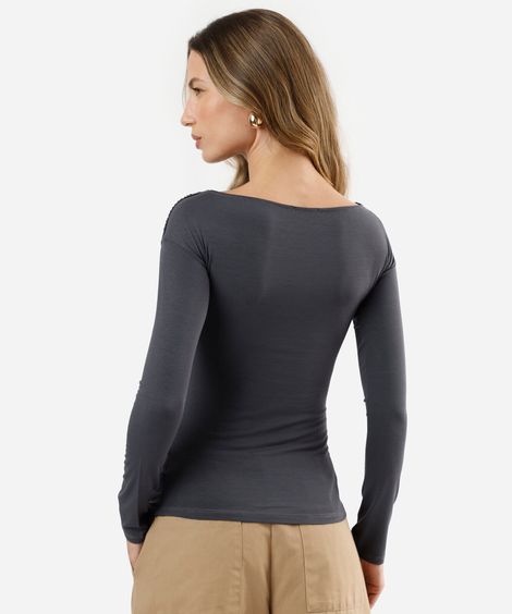 blusa feminina transpassada manga longa cinza