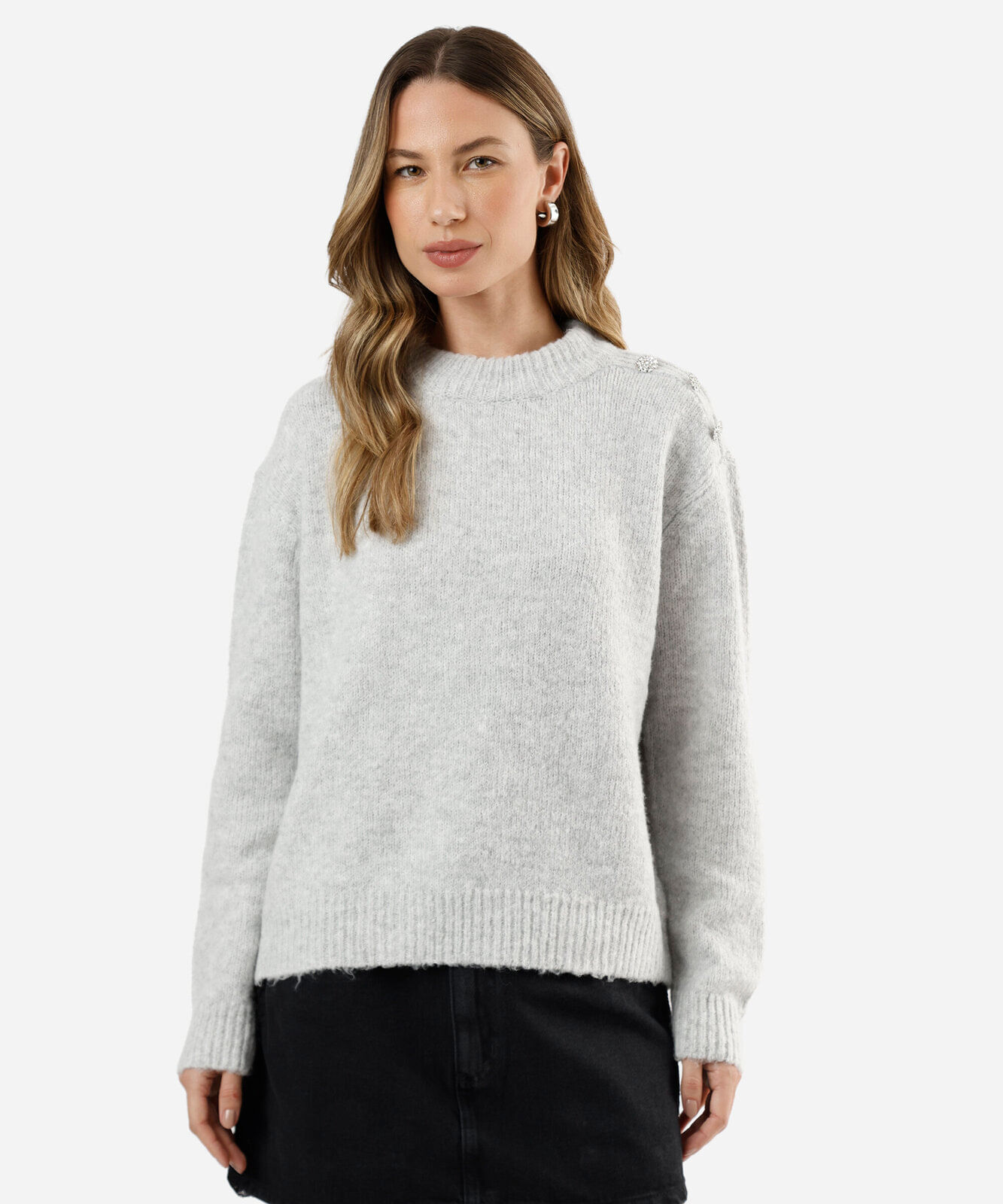 suéter feminino de tricot com botões cinza