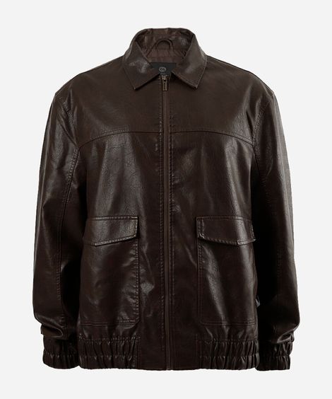 jaqueta bomber masculina de pu com bolsos plus size marrom
