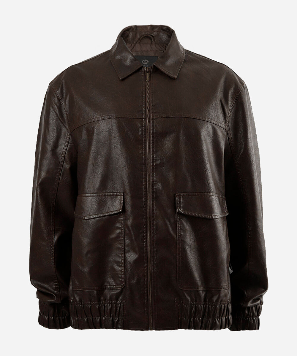 jaqueta bomber masculina de pu com bolsos plus size marrom