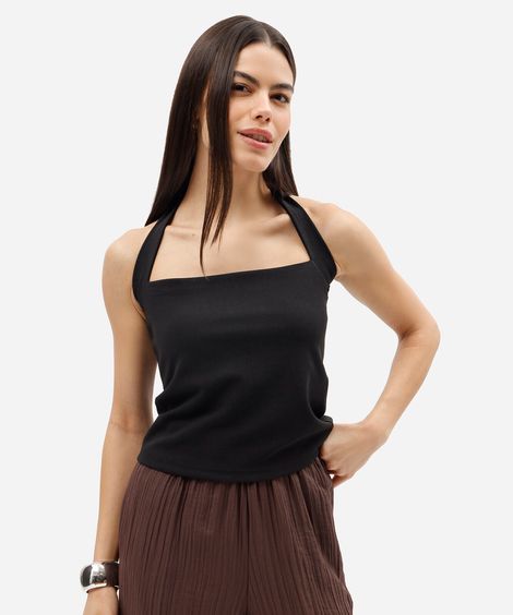 blusa frente única feminina decote quadrado preta
