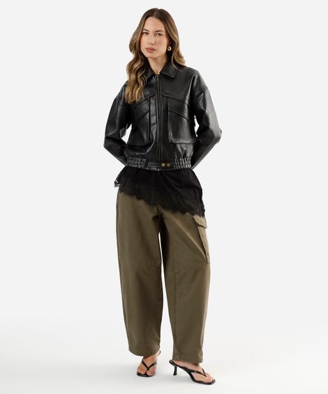 calça baggy feminina de sarja cintura média verde