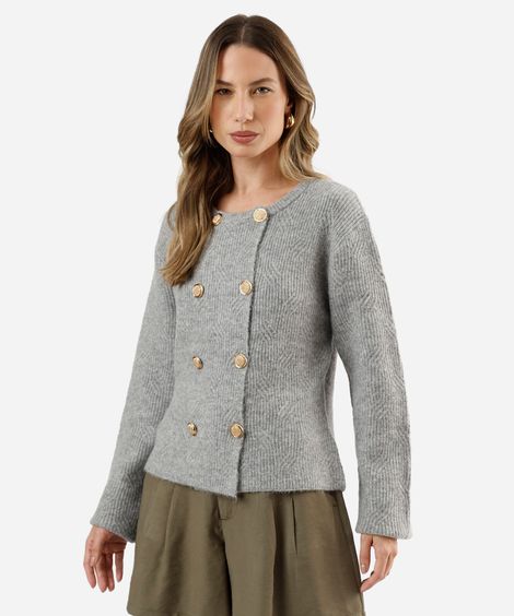 cardigan feminino de tricot com lã texturizado cinza