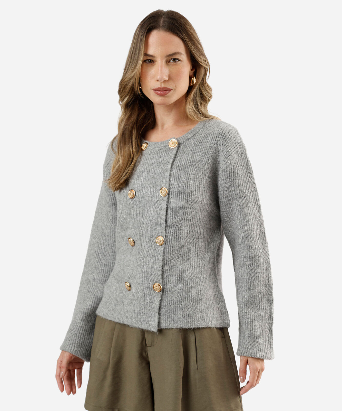 cardigan feminino de tricot com lã texturizado cinza