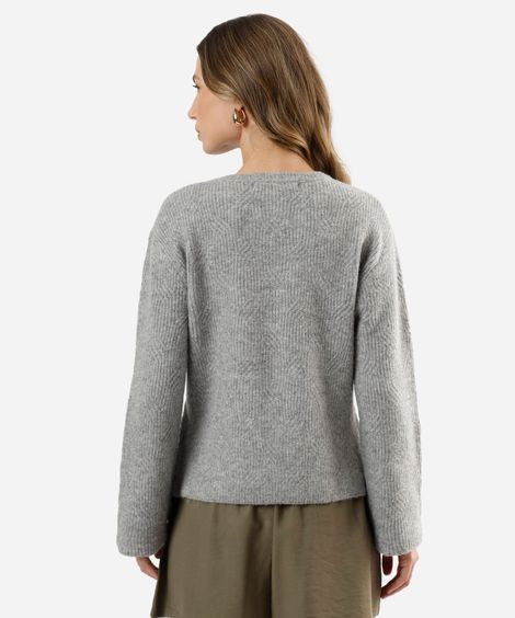 cardigan feminino de tricot com lã texturizado cinza