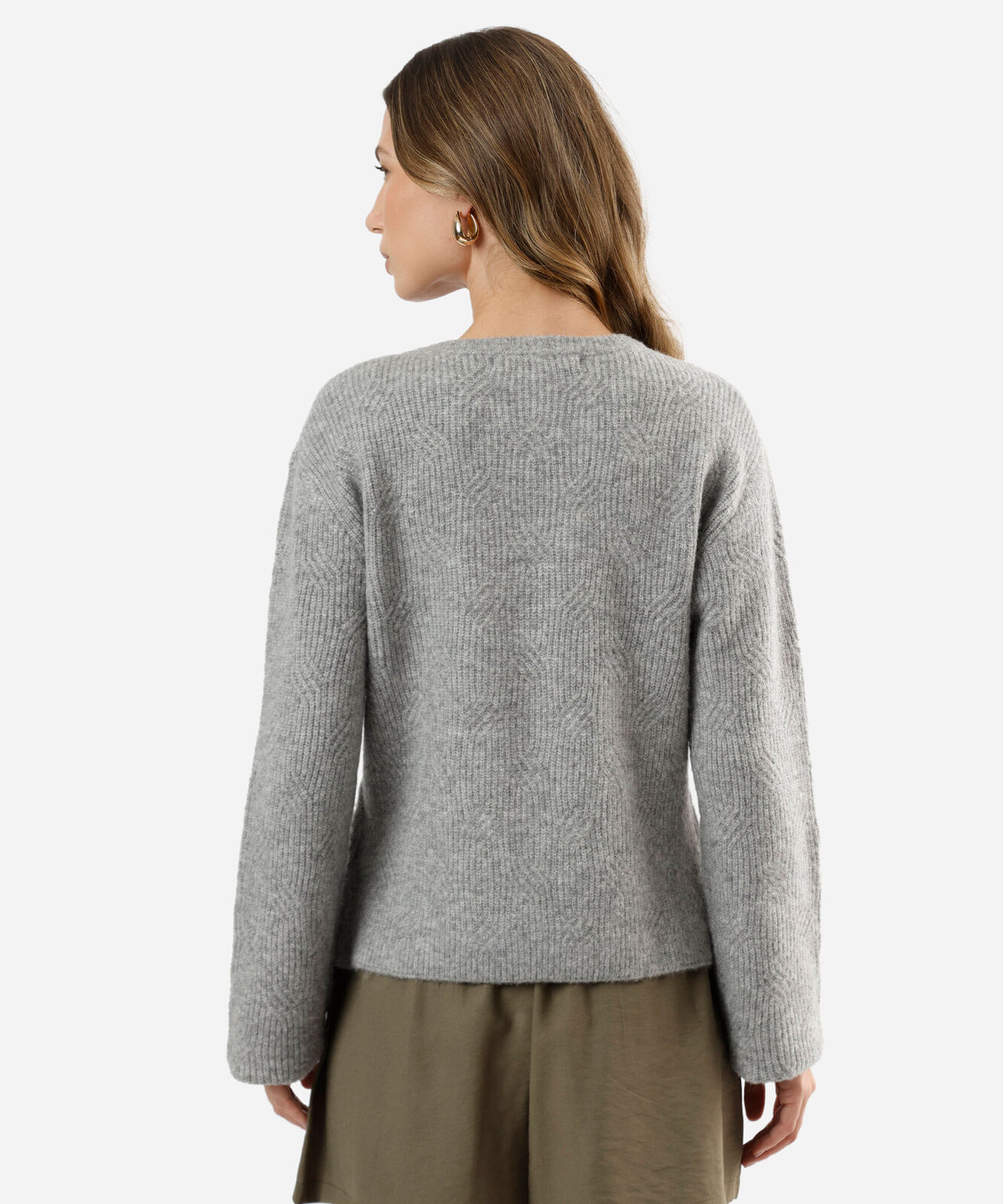 cardigan feminino de tricot com lã texturizado cinza
