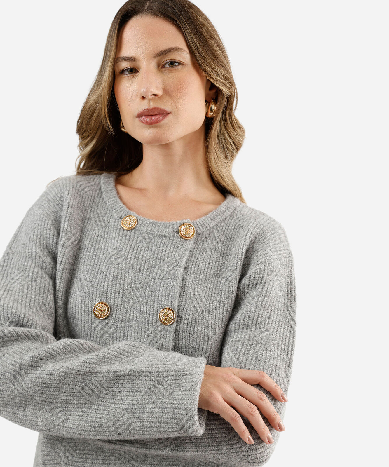 cardigan feminino de tricot com lã texturizado cinza