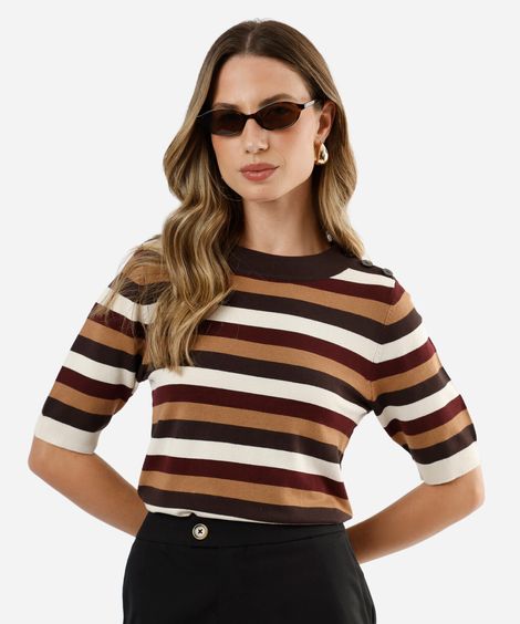 blusa feminina de tricot manga curta listrada marrom