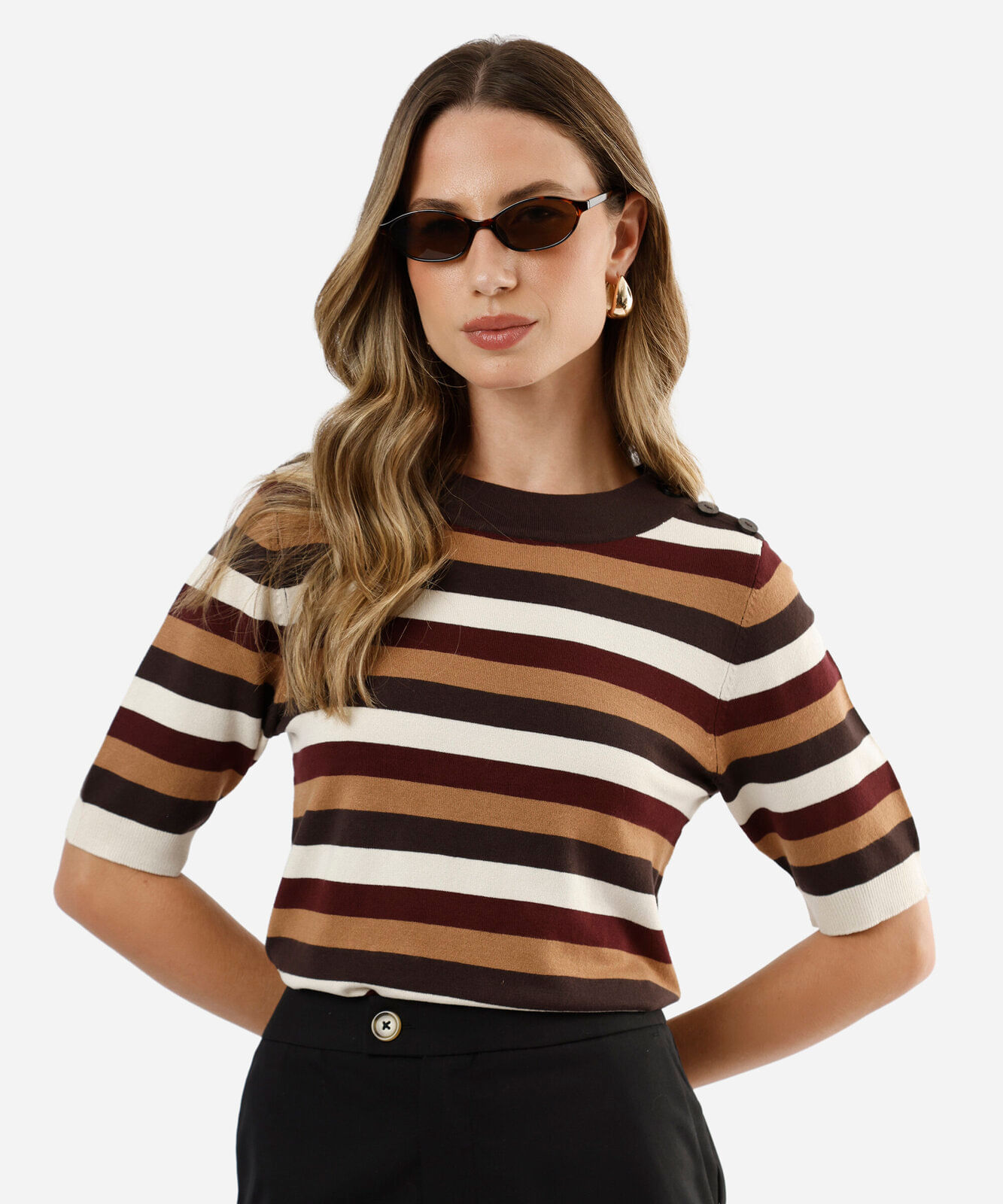 blusa feminina de tricot manga curta listrada marrom