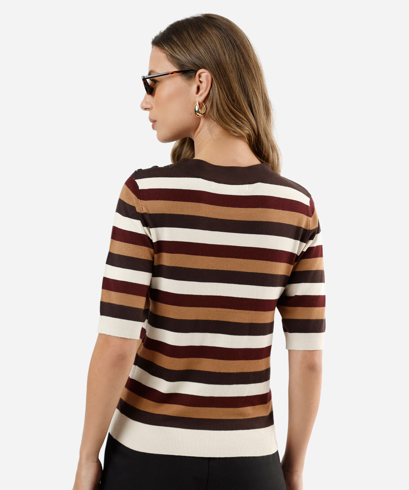 blusa feminina de tricot manga curta listrada marrom