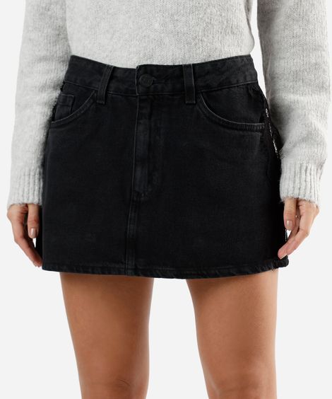 minissaia feminina jeans cintura baixa com renda preta
