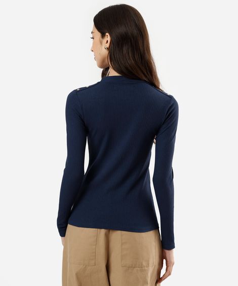 blusa feminina de viscose manga longa canelada azul
