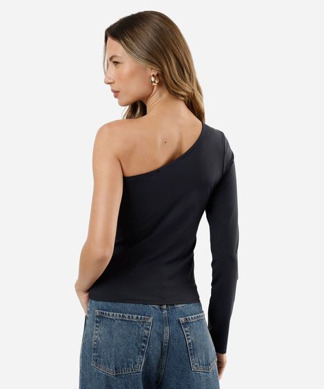 blusa ombro único feminina manga longa preta