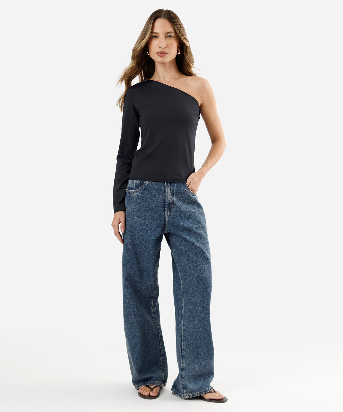 blusa ombro único feminina manga longa preta