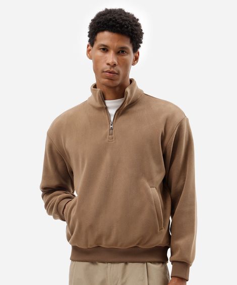 blusão masculino de fleece gola alta com zíper texturizado marrom