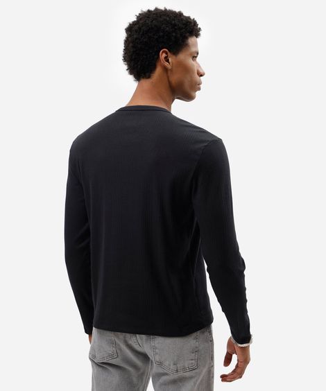 camiseta slim fit masculina manga longa gola henley texturizada preta