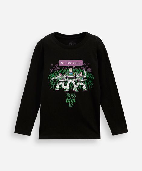 camiseta infantil de algodão manga longa buzz lightyear toy story preta