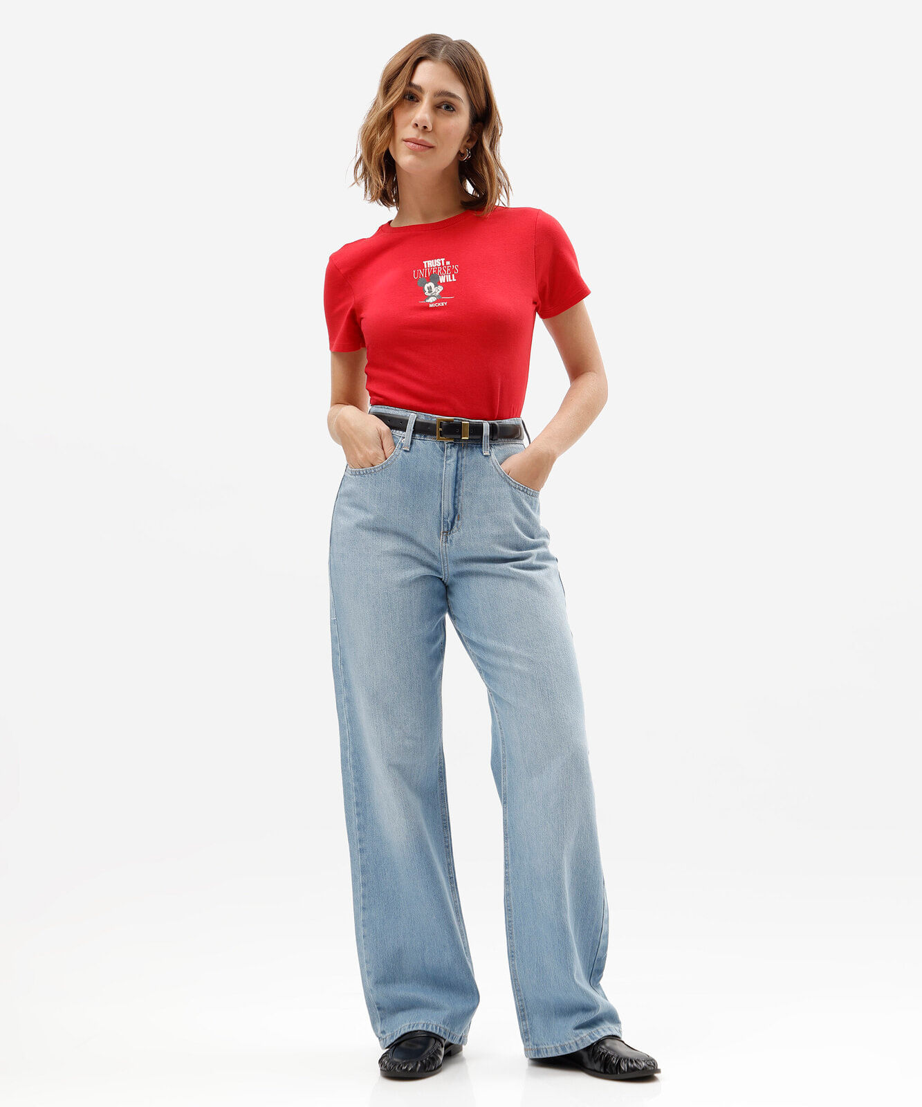 camiseta feminina de algodão manga curta mickey vermelha
