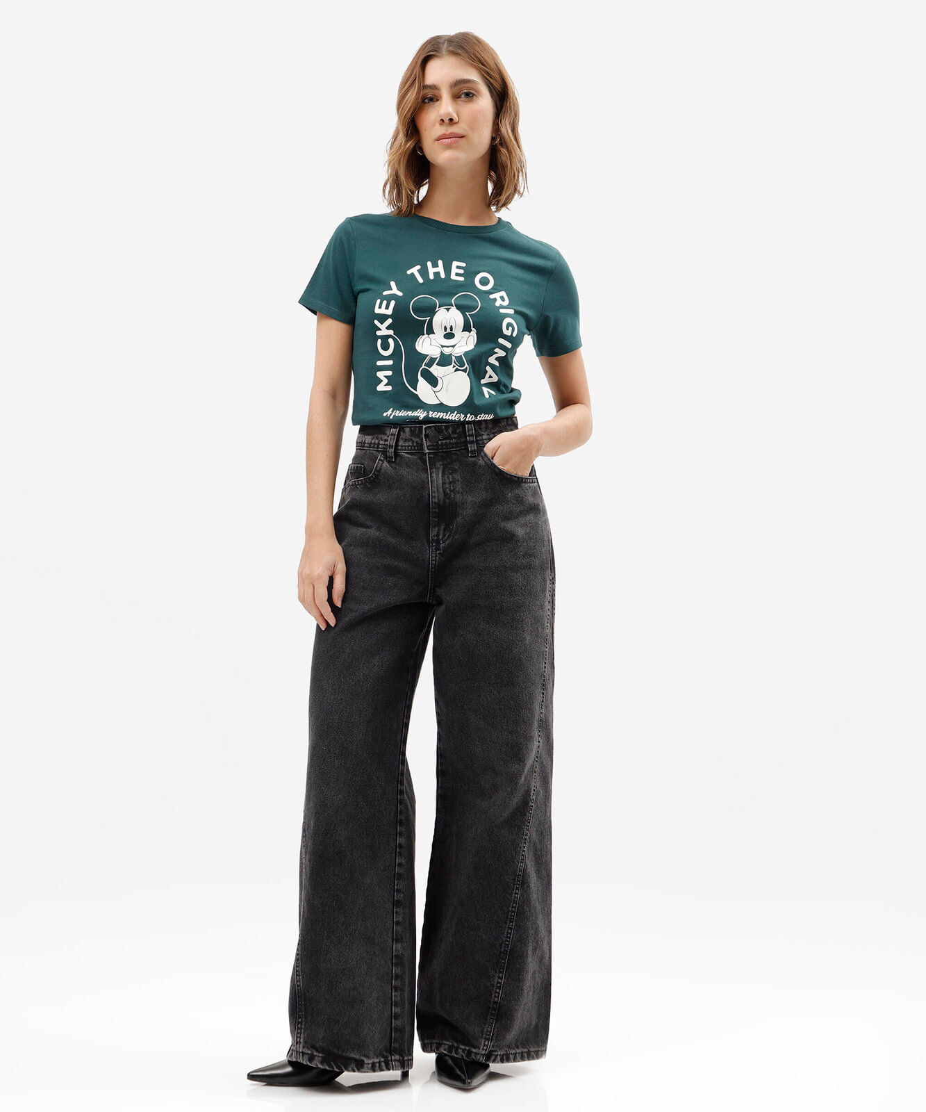 camiseta feminina de algodão manga curta mickey verde