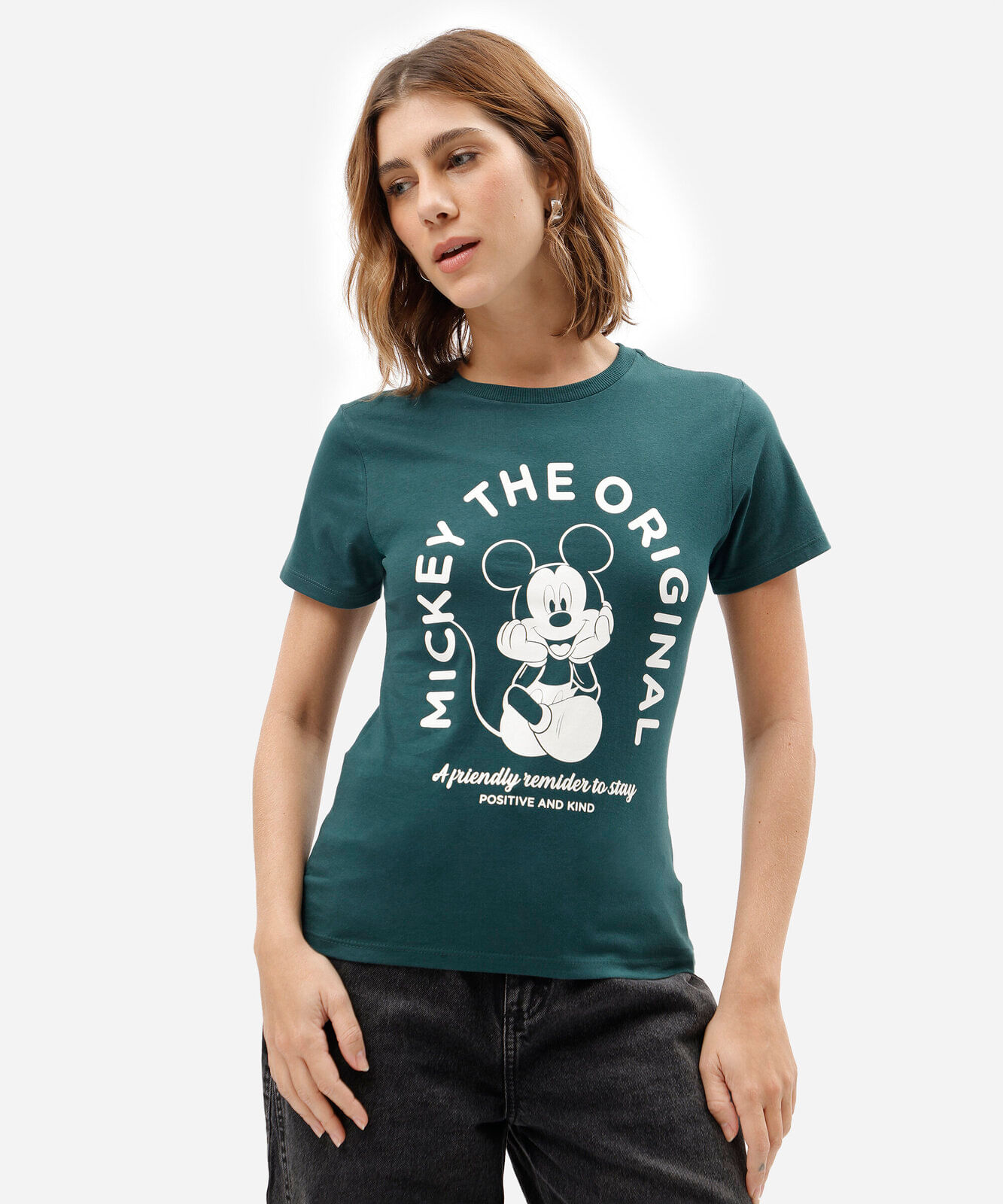 camiseta feminina de algodão manga curta mickey verde
