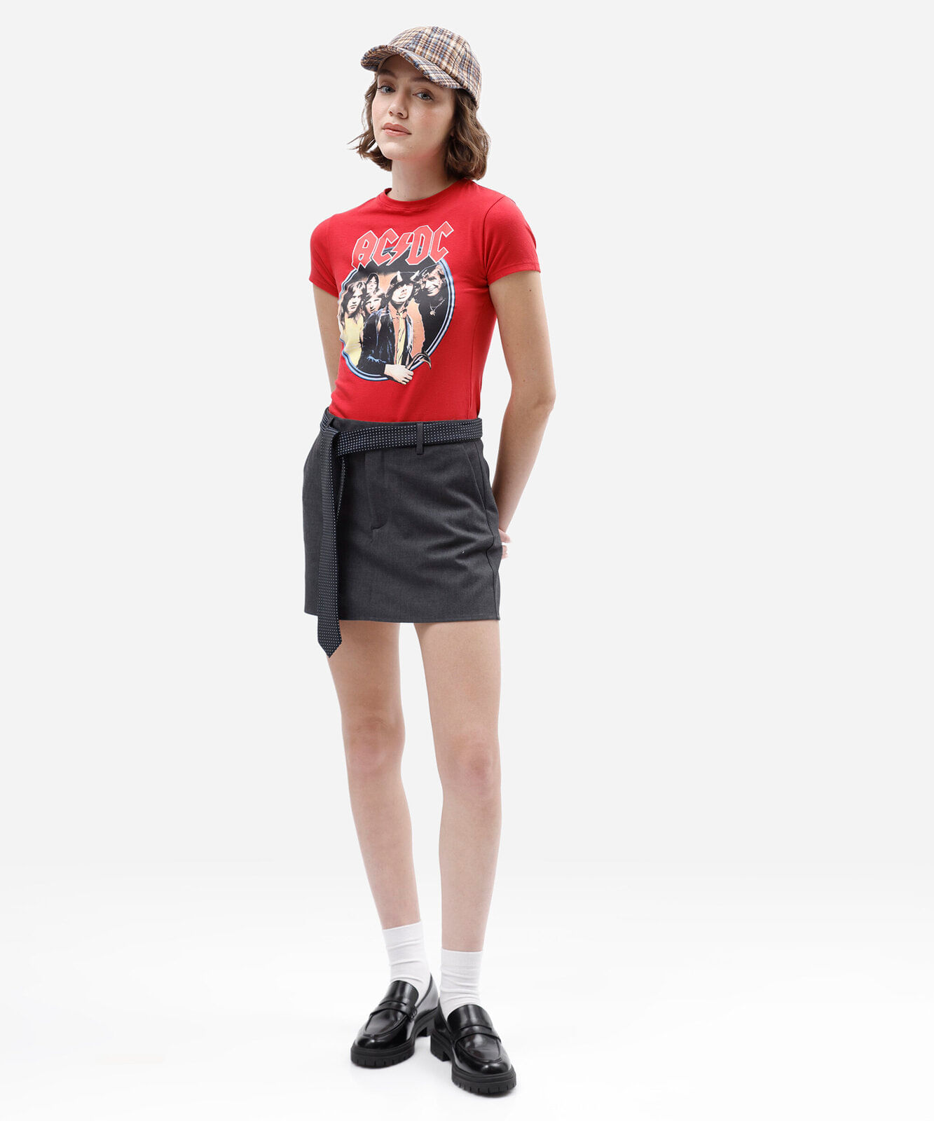 camiseta baby look feminina de algodão manga curta acdc vermelha