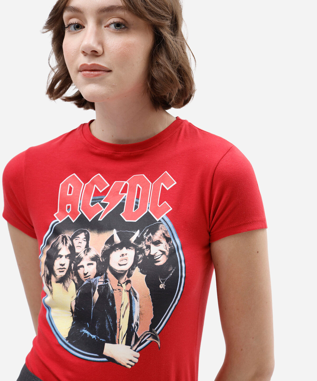 camiseta baby look feminina de algodão manga curta acdc vermelha