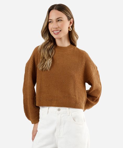 suéter cropped feminino de tricot texturizado marrom