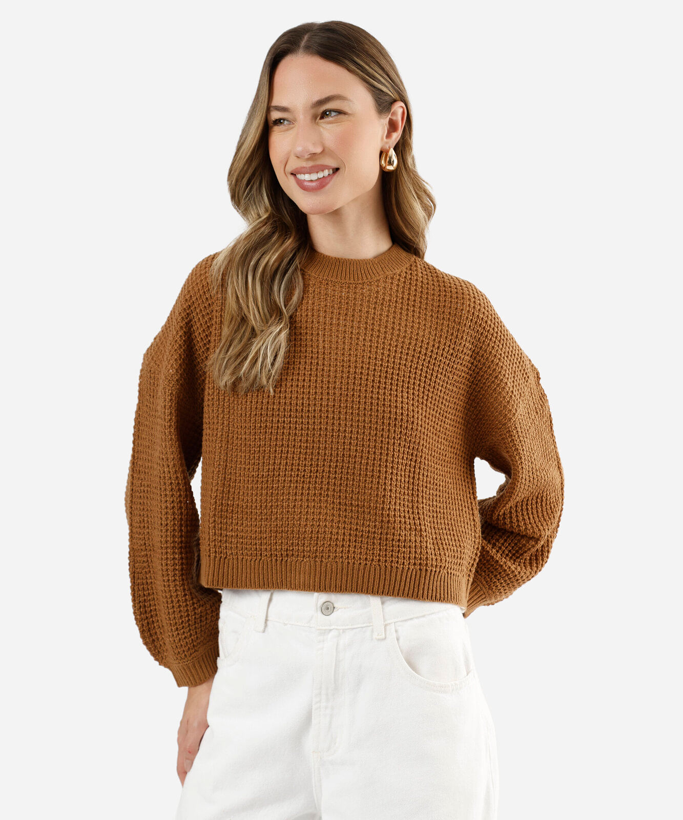 suéter cropped feminino de tricot texturizado marrom