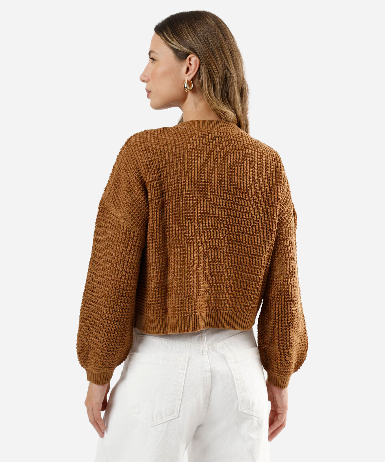 suéter cropped feminino de tricot texturizado marrom
