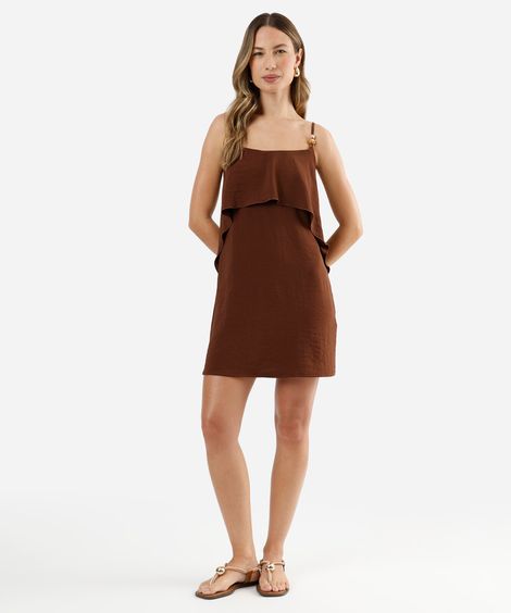 vestido curto alça fina feminino com babado marrom