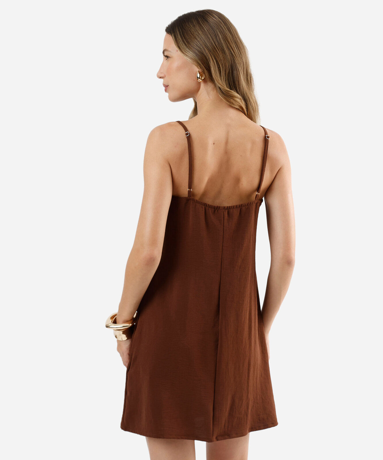 vestido curto alça fina feminino com babado marrom
