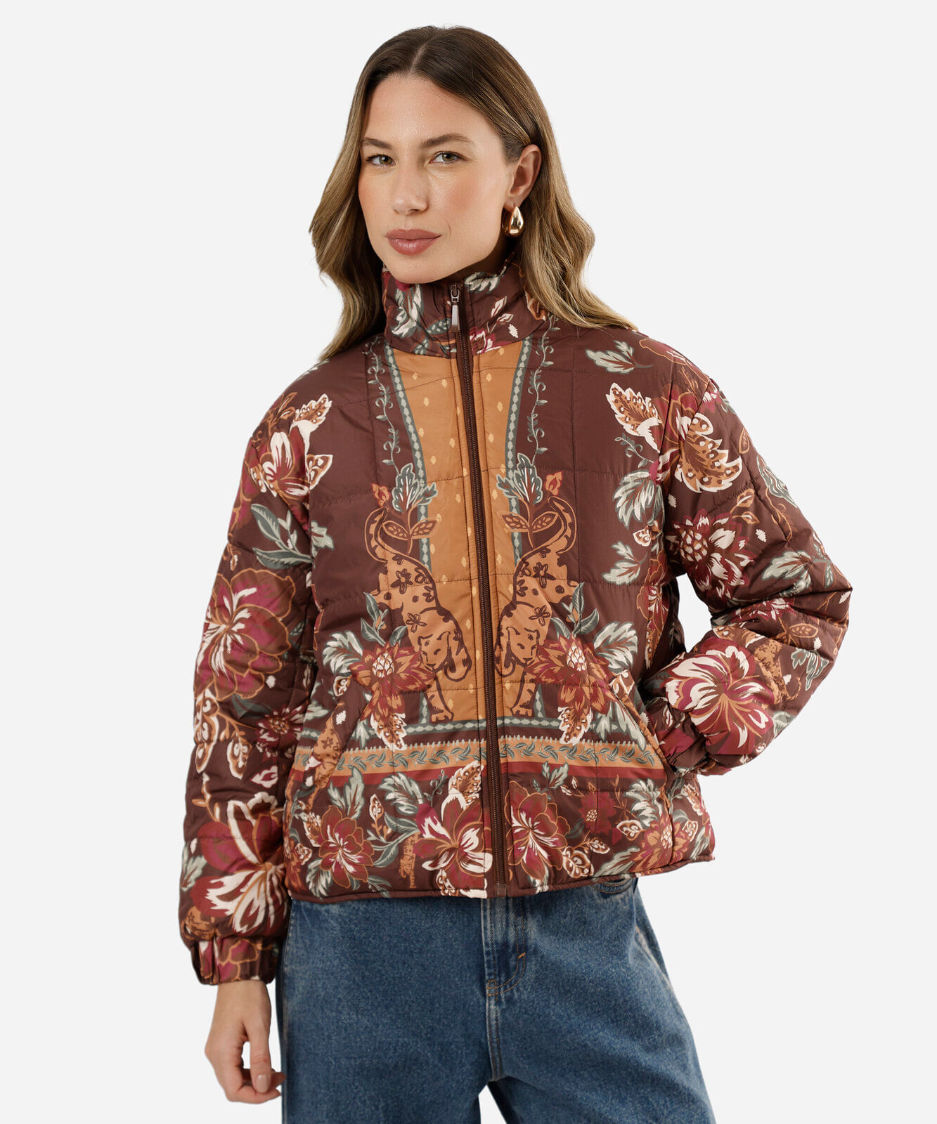 jaqueta puffer feminina gola alta floral marrom