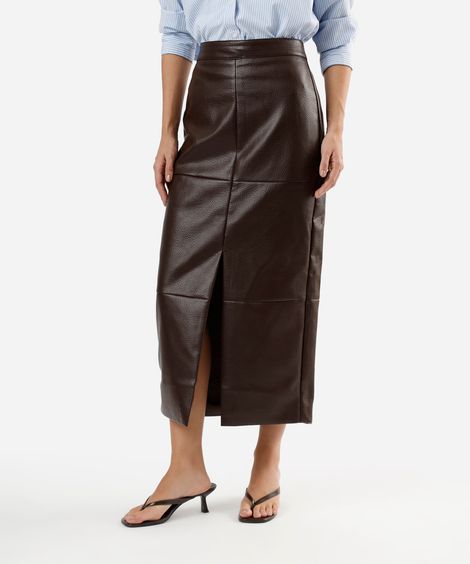 saia midi feminina de pu com recortes e fenda marrom