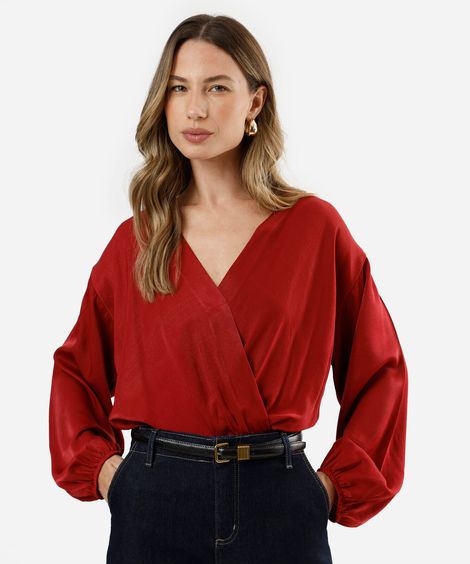blusa balonê feminina decote v manga longa acetinada vermelha