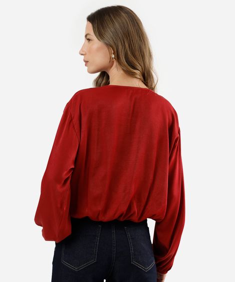 blusa balonê feminina decote v manga longa acetinada vermelha