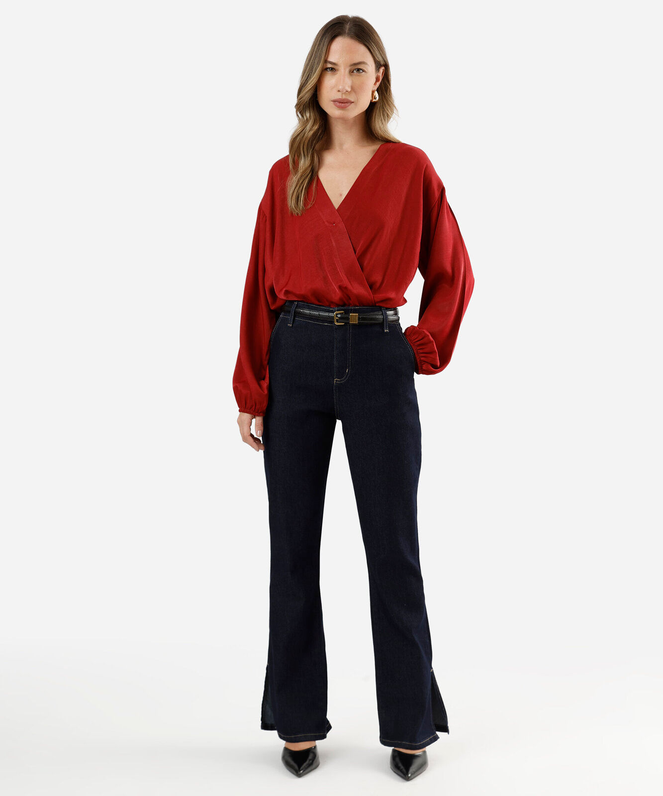 calça boot cut petit feminina jeans cintura alta com fenda sawary azul