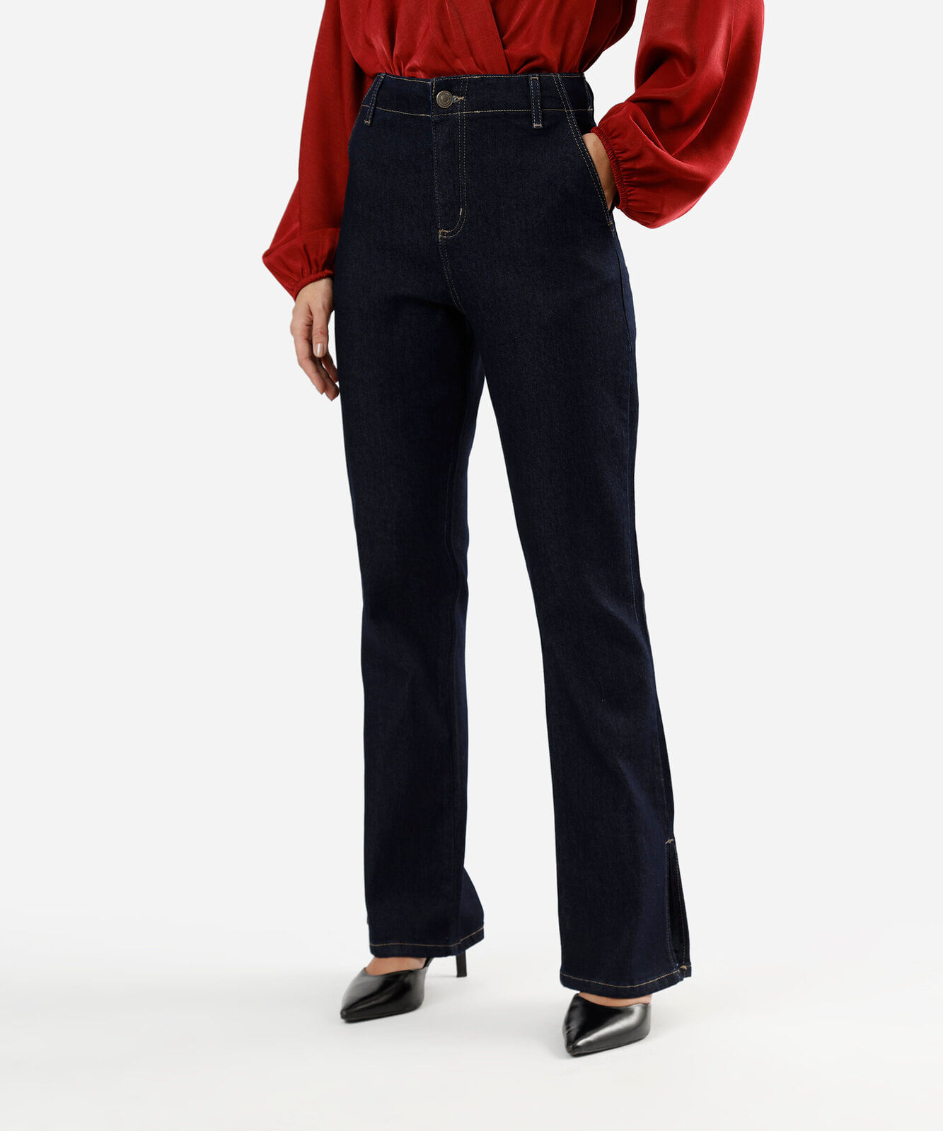 calça boot cut petit feminina jeans cintura alta com fenda sawary azul