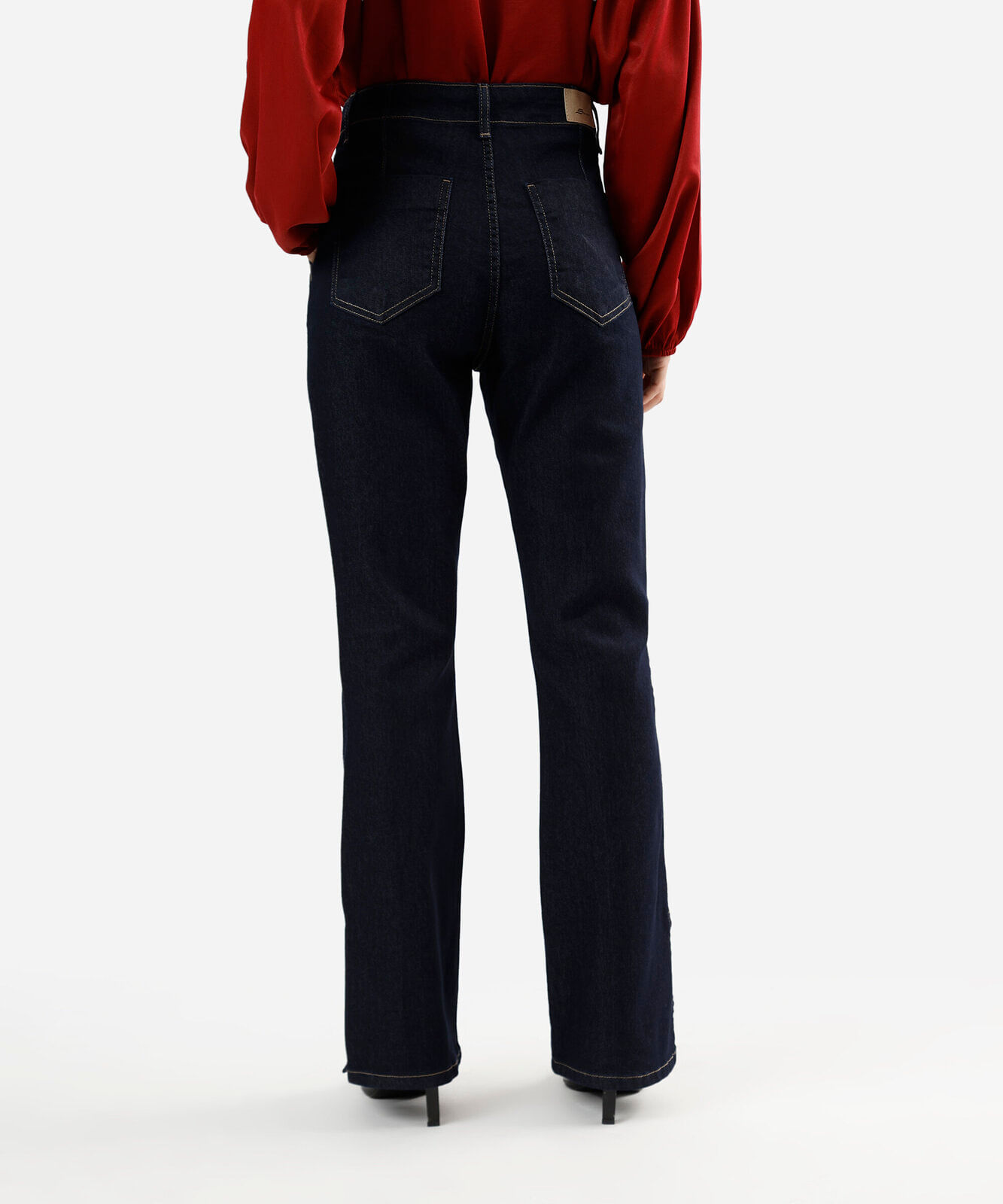 calça boot cut petit feminina jeans cintura alta com fenda sawary azul