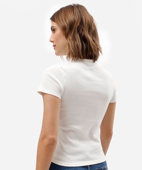blusa baby look feminina de algodão manga curta snoopy off white
