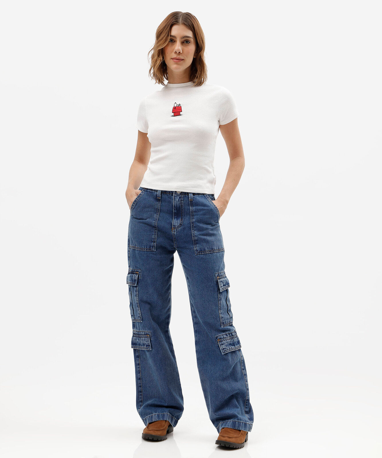 blusa baby look feminina de algodão manga curta snoopy off white