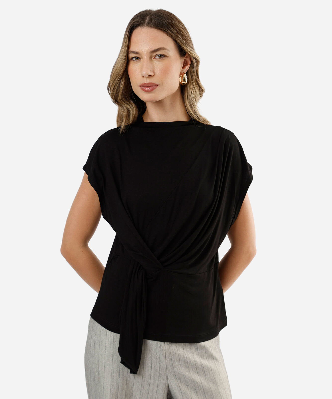 blusa feminina de viscose franzida preta