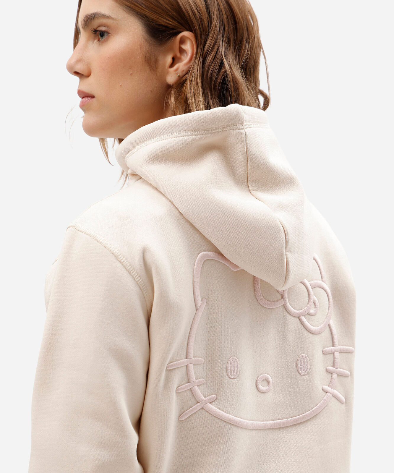 blusão feminino de moletom com capuz e bordado hello kitty bege